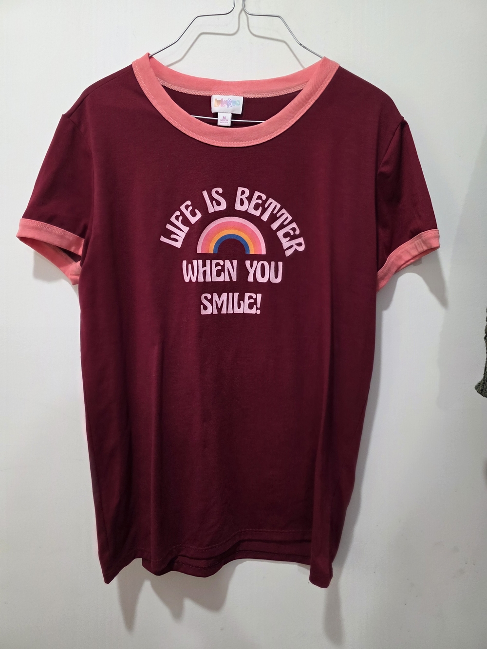LuLaRoe Maroon Tee with Pink Trim and Rainbow Graphic